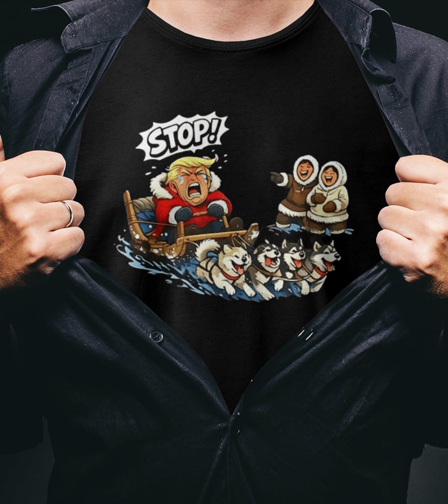 STOP Trump Greenland Dogsled Cartoon T-Shirt