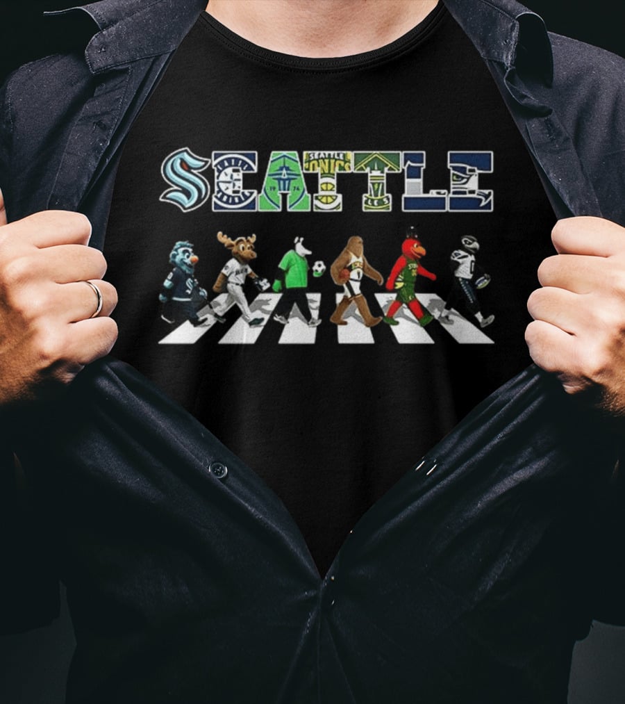 Seattle Kraken Mariners Supersonics Sounders Storm Seahawks Mascots Abbey Road T-Shirt