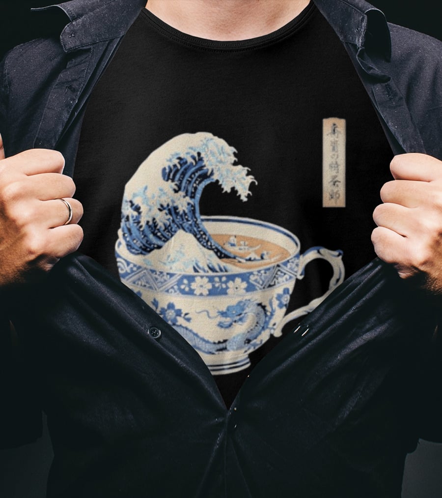 The Great Kanagawa Tea Cup Ukiyo E Wave Meets Dragon Porcelain T-Shirt