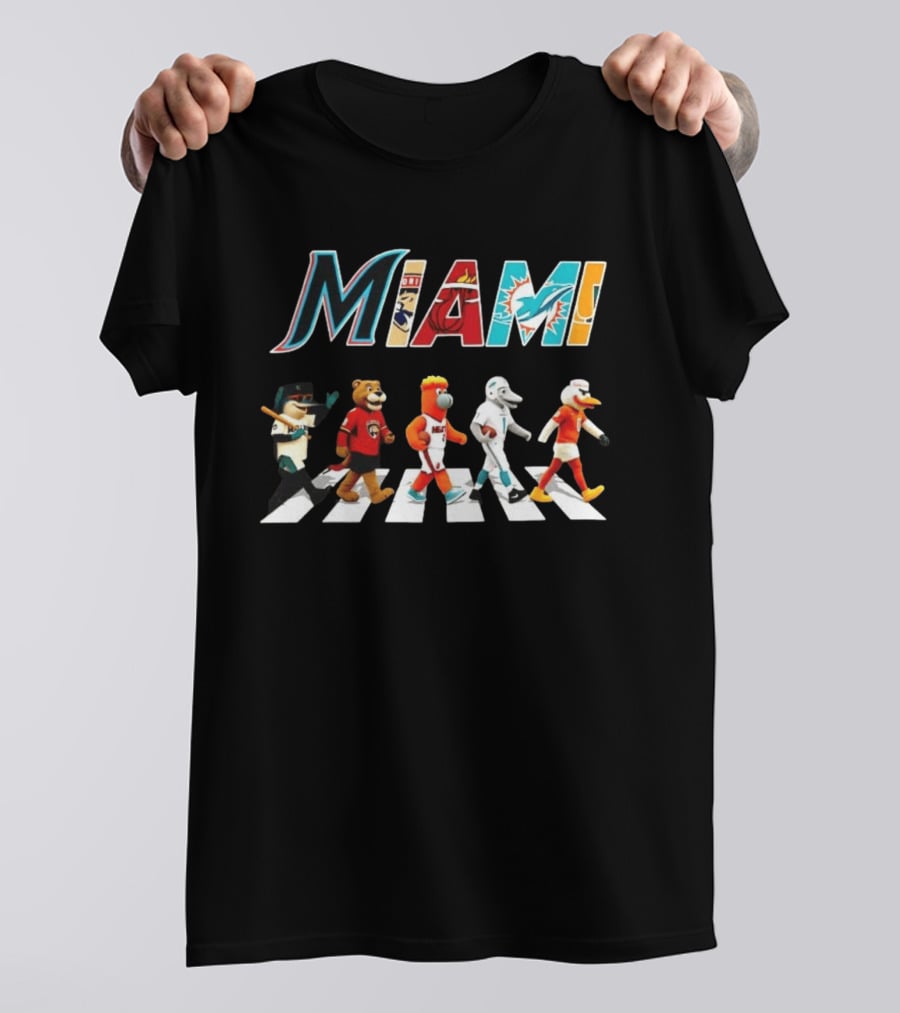 Miami Marlins Panthers Heat Dolphins Hurricanes Mascots Crosswalk T-Shirt