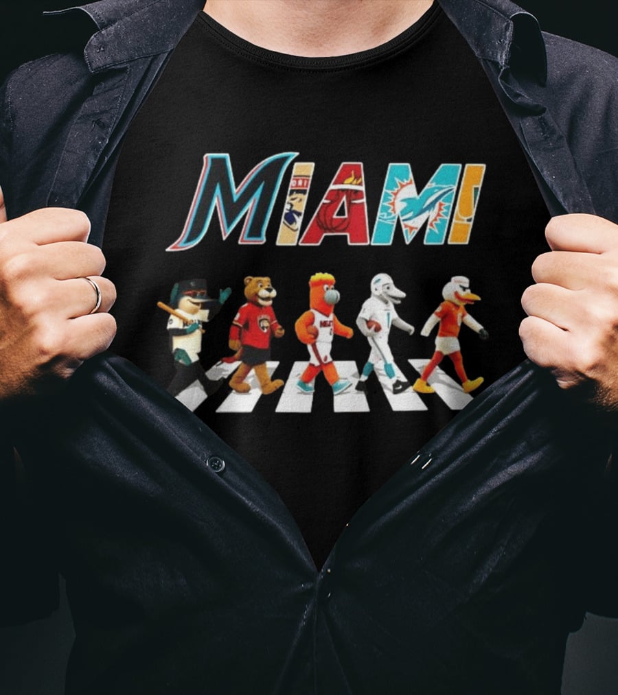 Miami Marlins Panthers Heat Dolphins Hurricanes Mascots Crosswalk T-Shirt