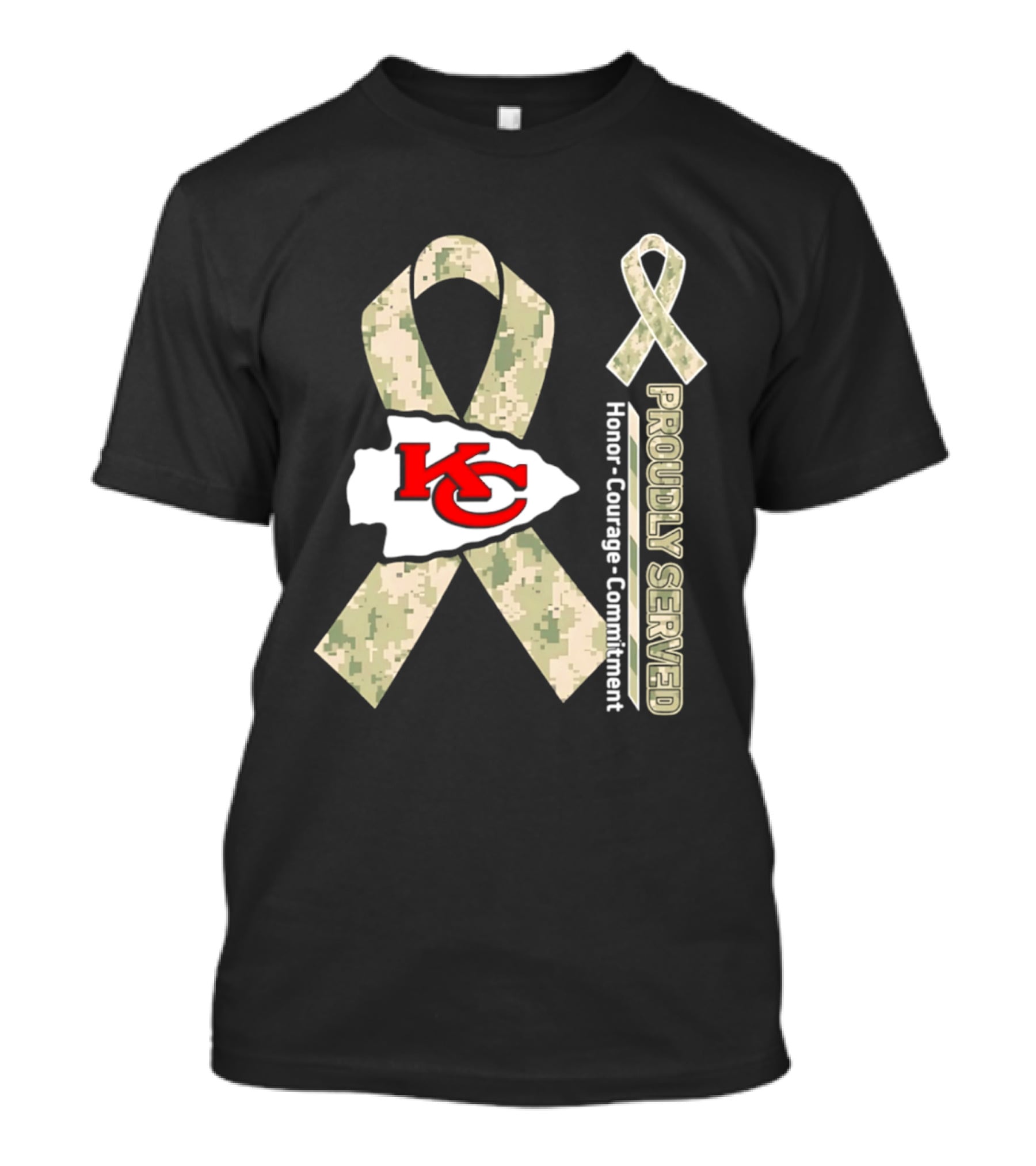 Kansas City Chiefs Military Support Honor Courage Commitment Kansas Camo Ribbon T-Shirt