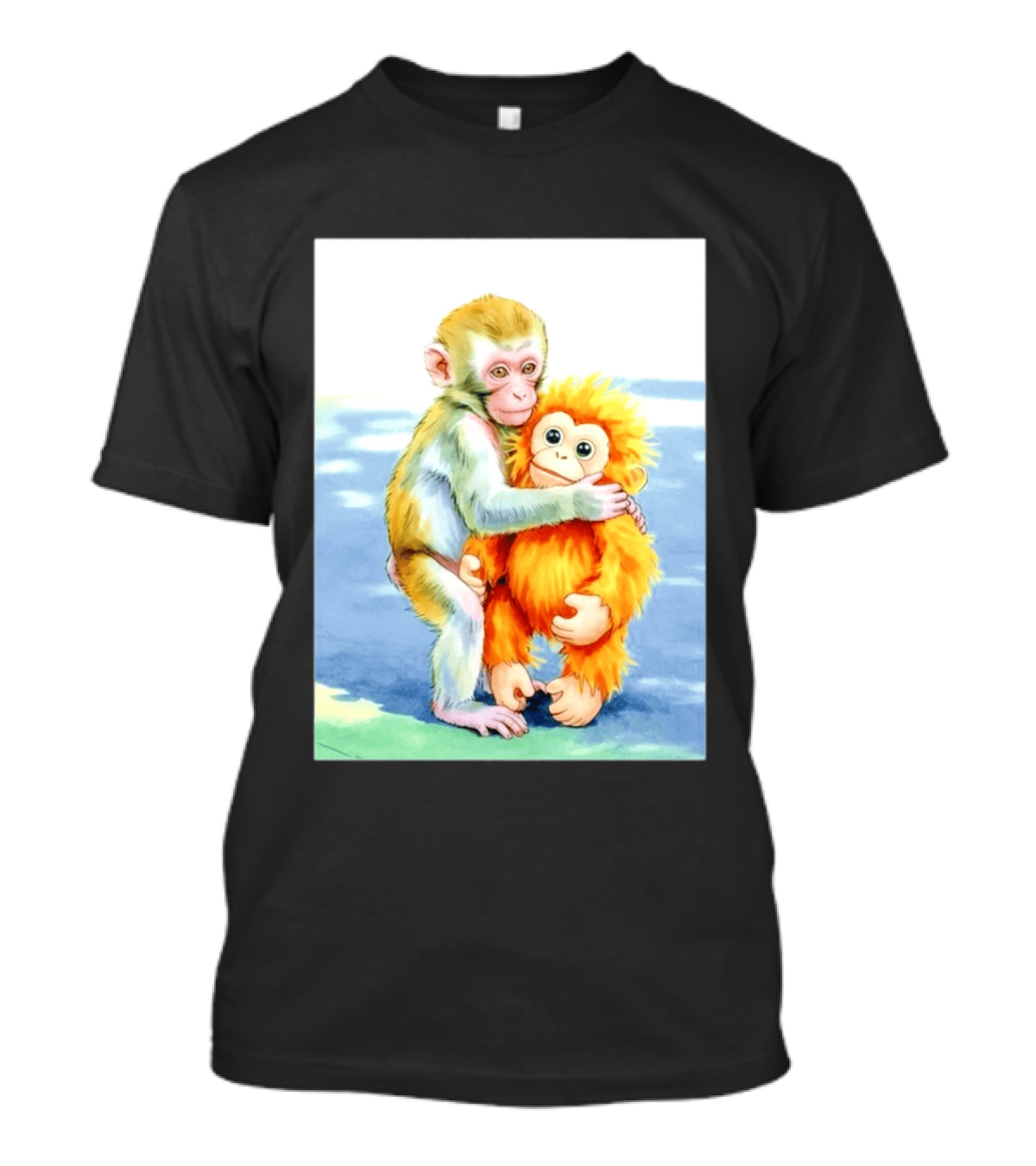 Adorable Monkey Cuddling Orange Plush Toy Scene T-Shirt