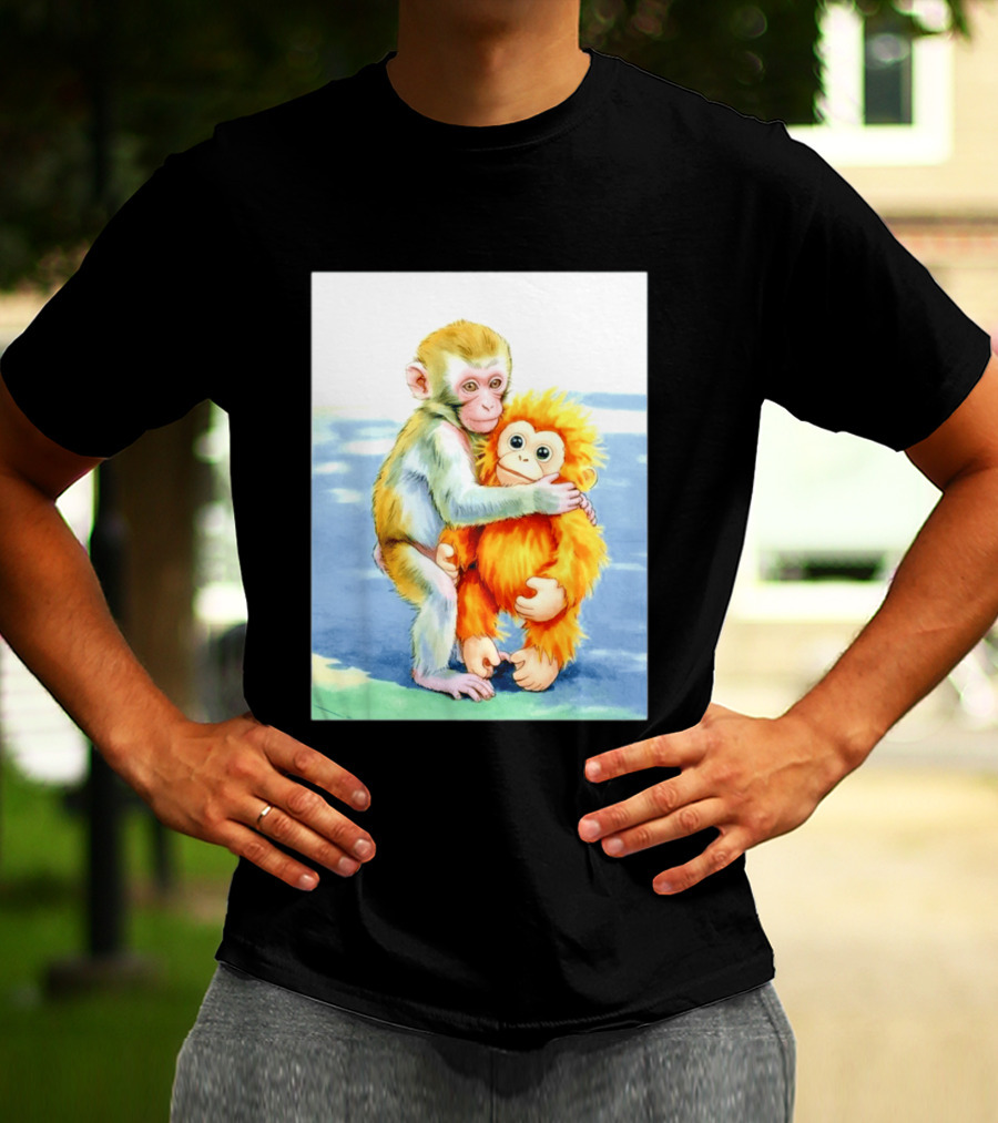 Adorable Monkey Cuddling Orange Plush Toy Scene T-Shirt