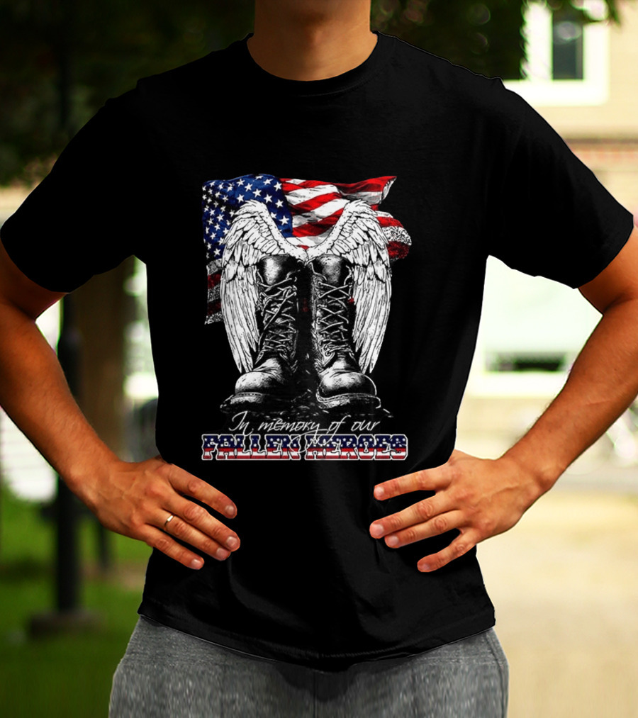 Hero's In The Sky In Memory Of Our Fallen Heroes American Flag Boots And Wings T-Shirt