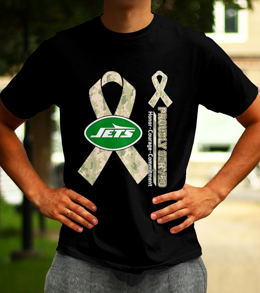 New York Jets Camo Ribbon Proudly Served Honor Courage Commitment T-Shirt
