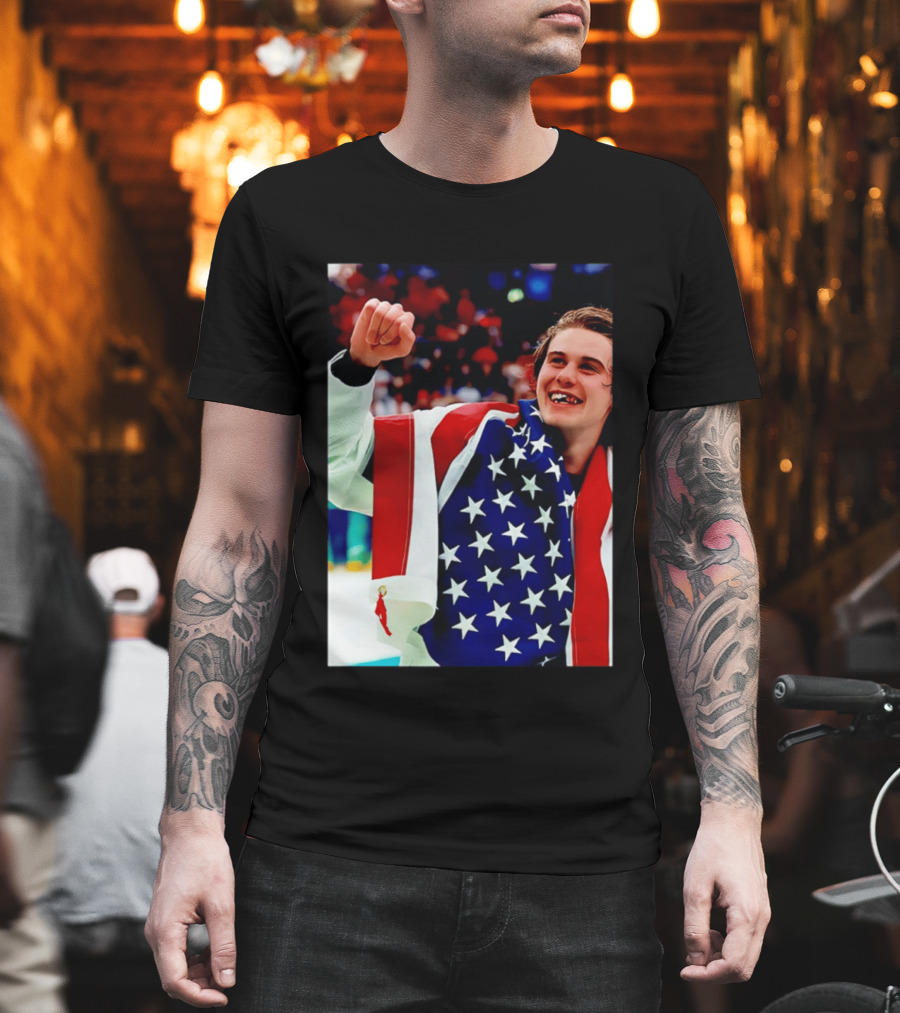 Jack Hughes Celebrating Team USA Hockey Star Spangled Moment T-Shirt