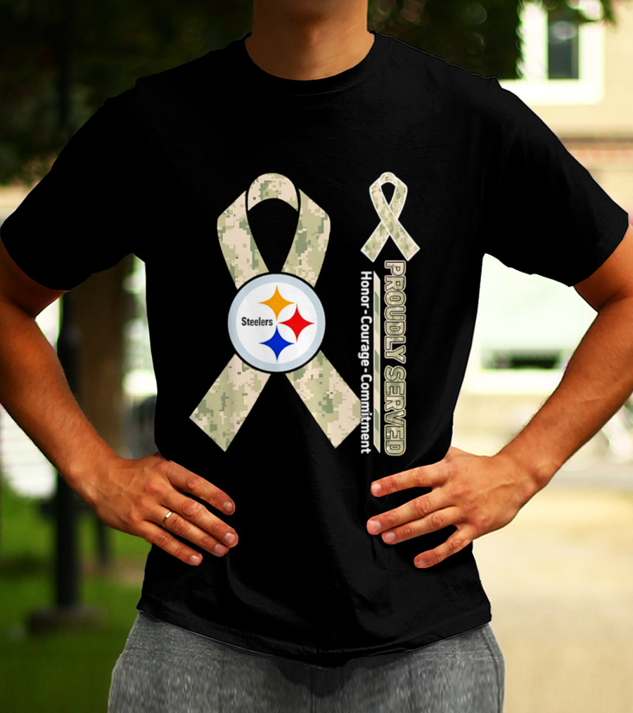 Pittsburgh Steelers Camouflage Ribbon Proudly Served Honor Courage Commitment T-Shirt