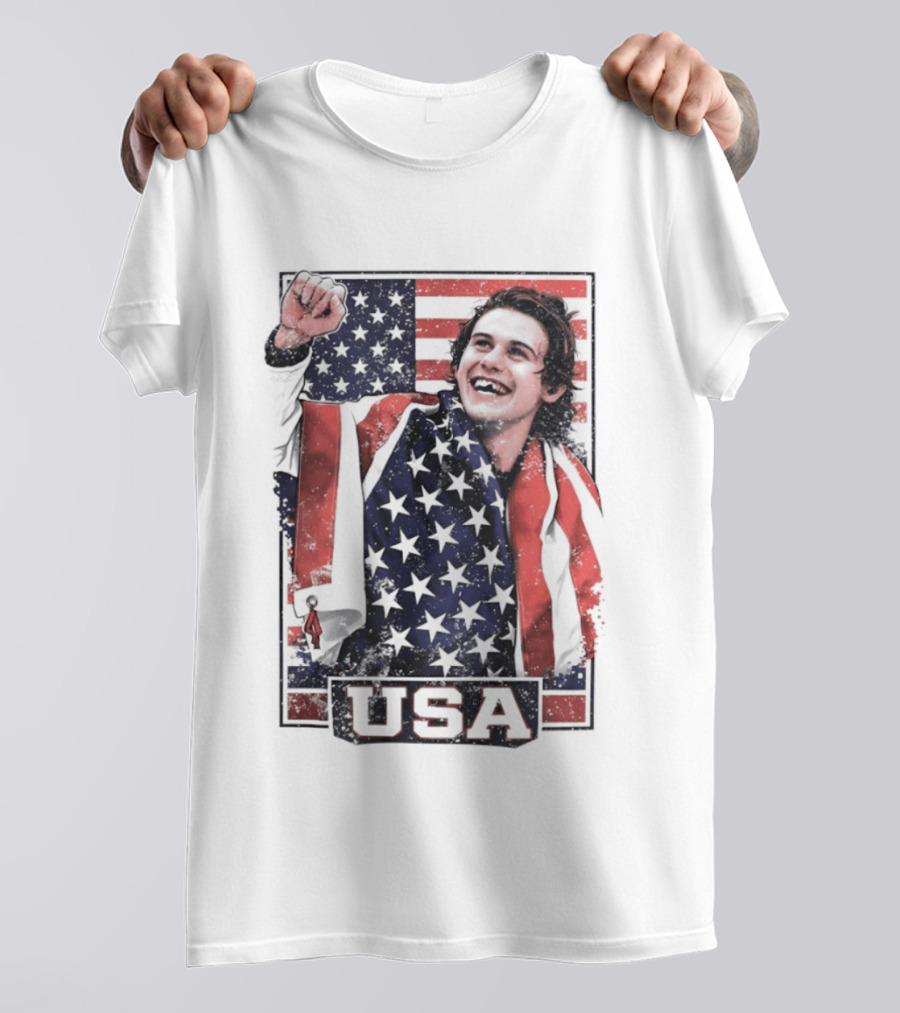 Jack Hughes USA Gold Medal Milano Cortina 2026 American Flag Hockey T-Shirt