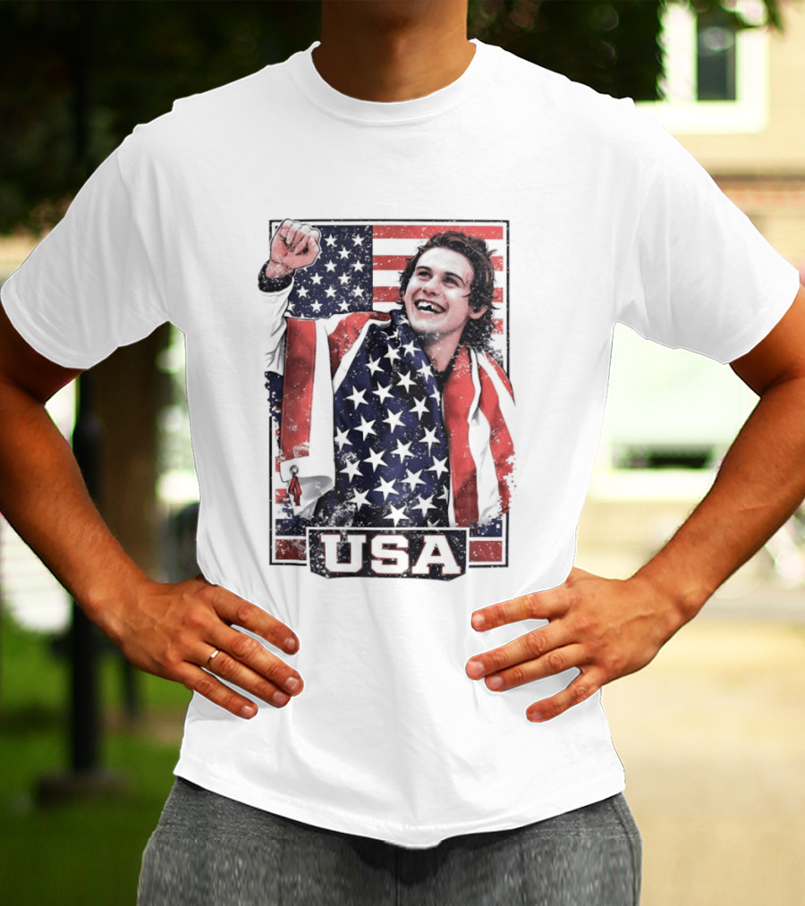 Jack Hughes USA Gold Medal Milano Cortina 2026 American Flag Hockey T-Shirt