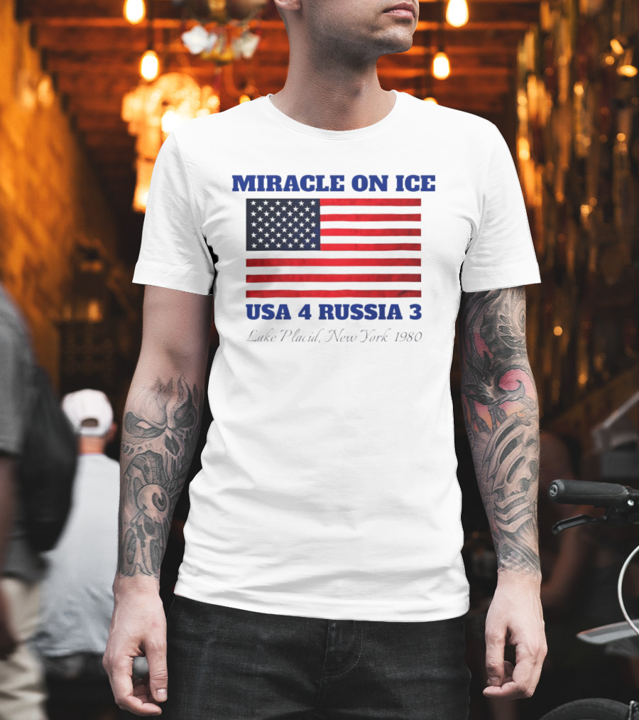 Miracle On Ice USA 4 Russia 3 American Flag Lake Placid New York 1980 Olympic 2026 Milano Cortina T-Shirt