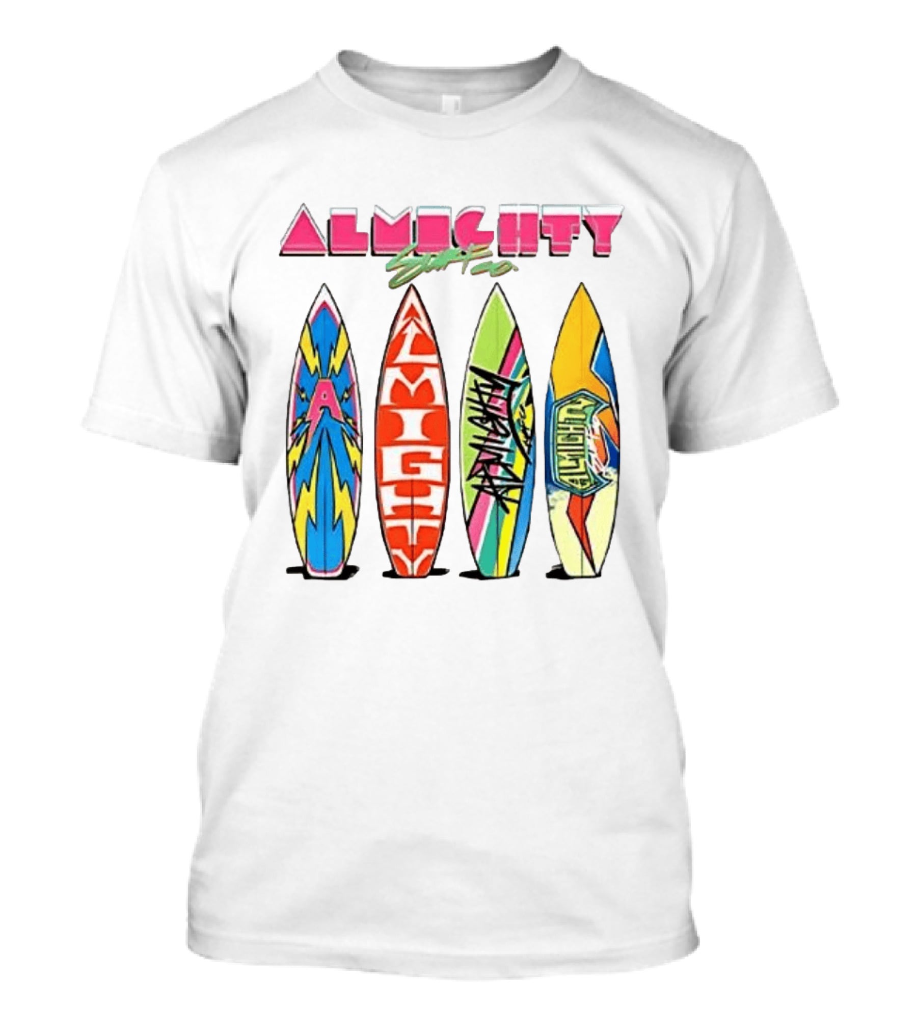 Almighty Surfs Up Collection Vibrant Surfboards T-Shirt