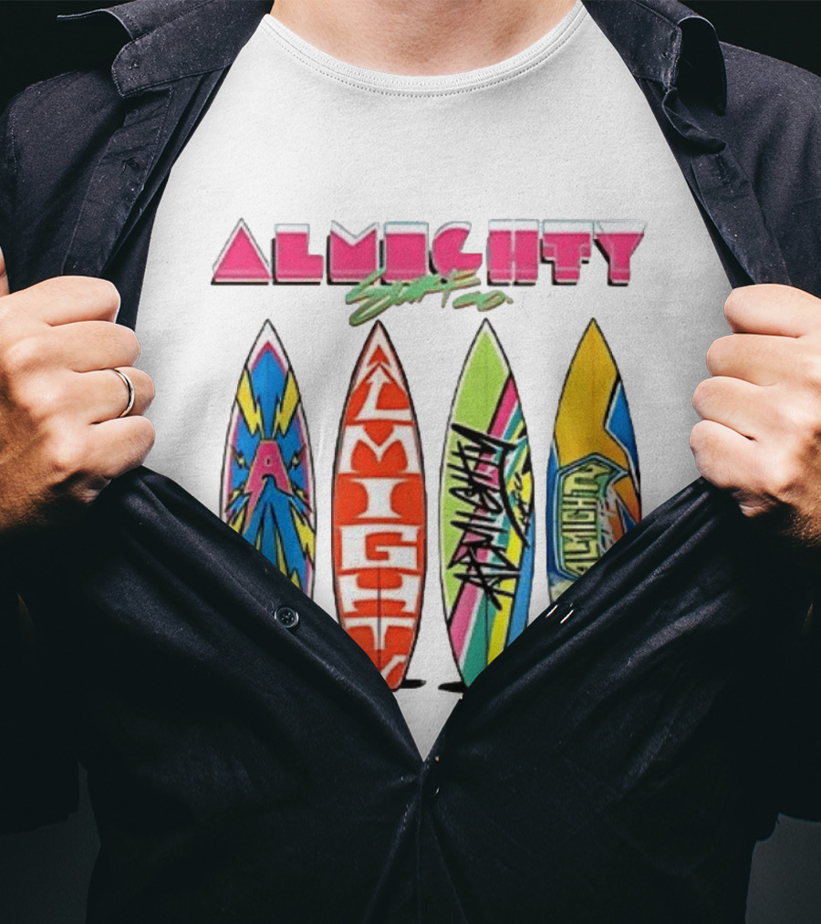 Almighty Surfs Up Collection Vibrant Surfboards T-Shirt