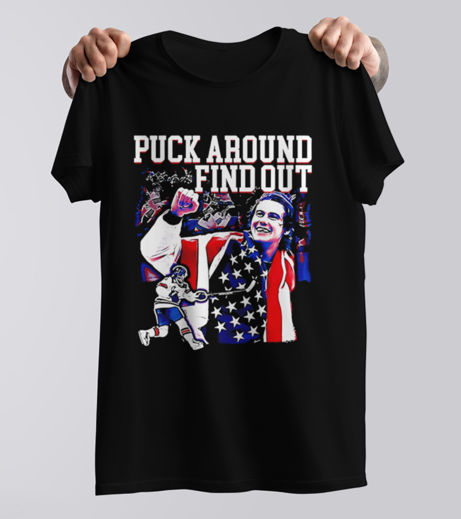 Puck Around Find Out Jack Hughes USA Hockey American Flag Celebration T-Shirt