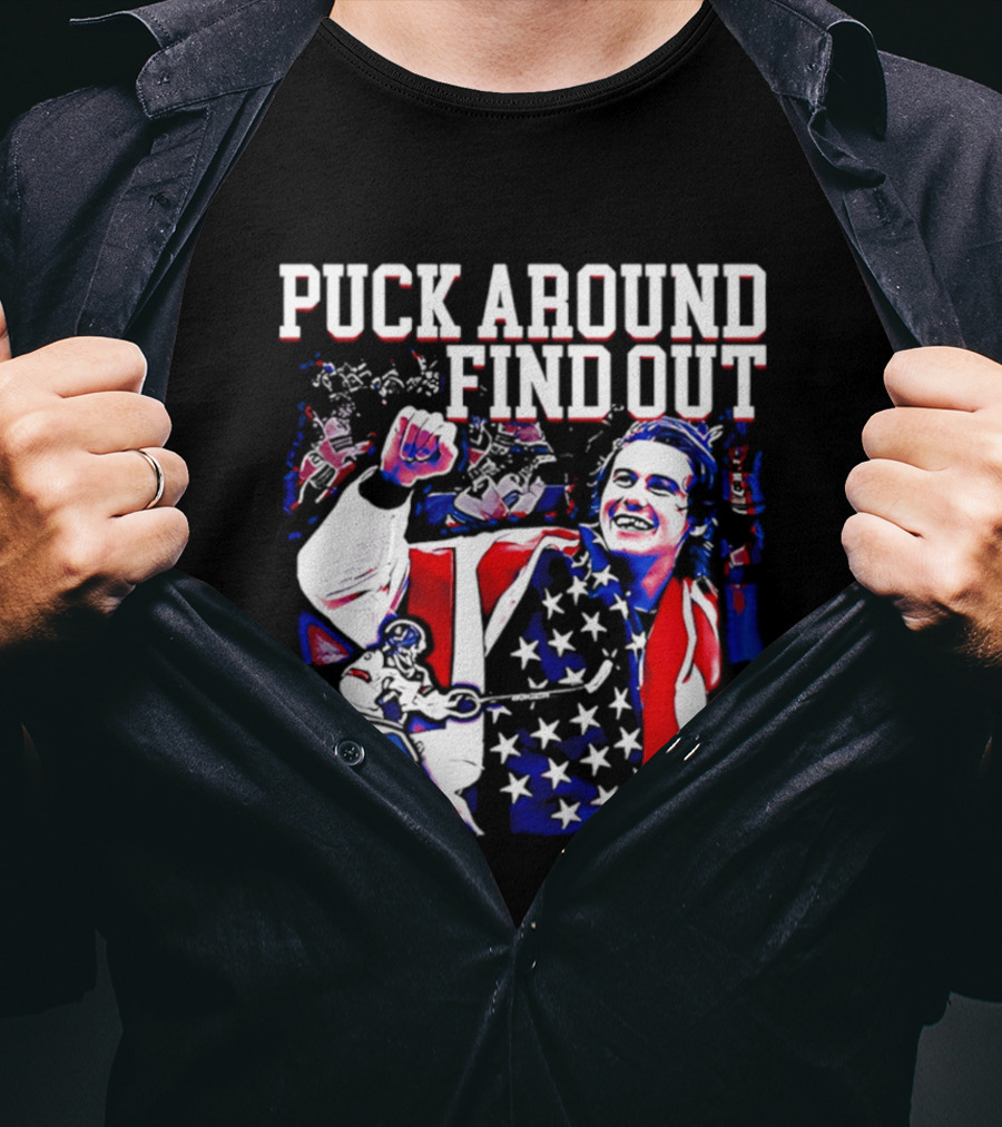 Puck Around Find Out Jack Hughes USA Hockey American Flag Celebration T-Shirt