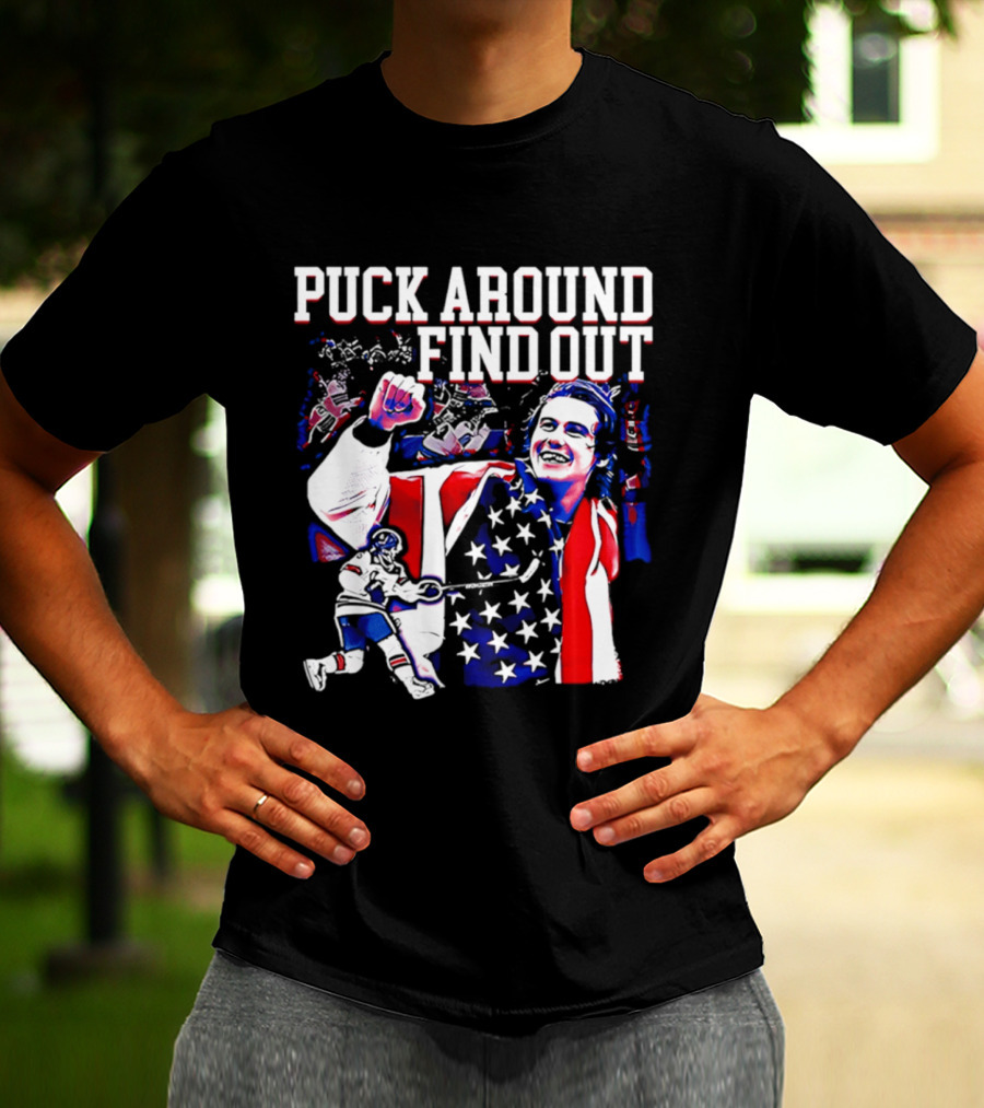 Puck Around Find Out Jack Hughes USA Hockey American Flag Celebration T-Shirt
