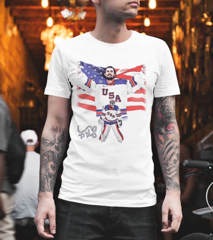 Connor Hellebuyck Team USA Olympic Gold Celebration Hockey Player With American Flag T-Shirt