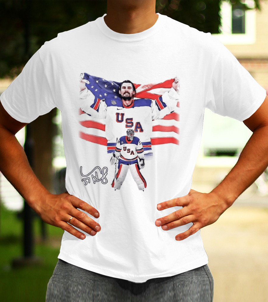 Connor Hellebuyck Team USA Olympic Gold Celebration Hockey Player With American Flag T-Shirt