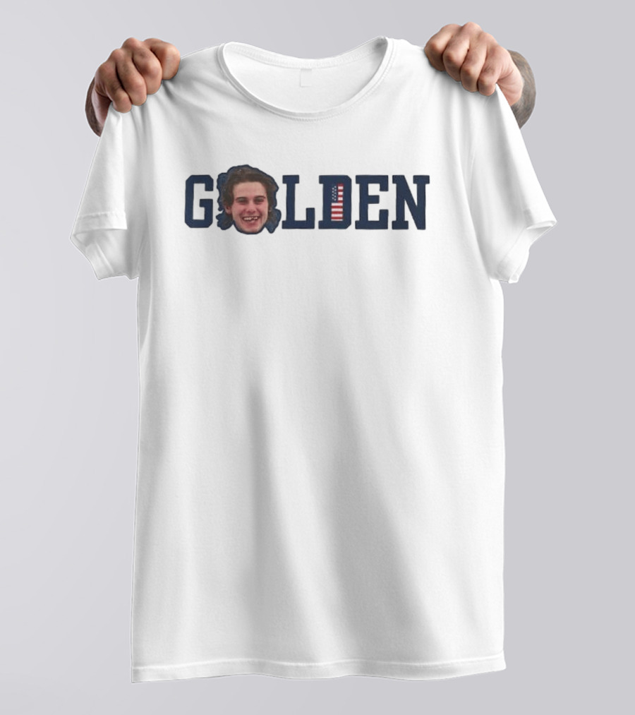 Jack Hughes Golden USA Flag Hockey Smile 2026 T-Shirt