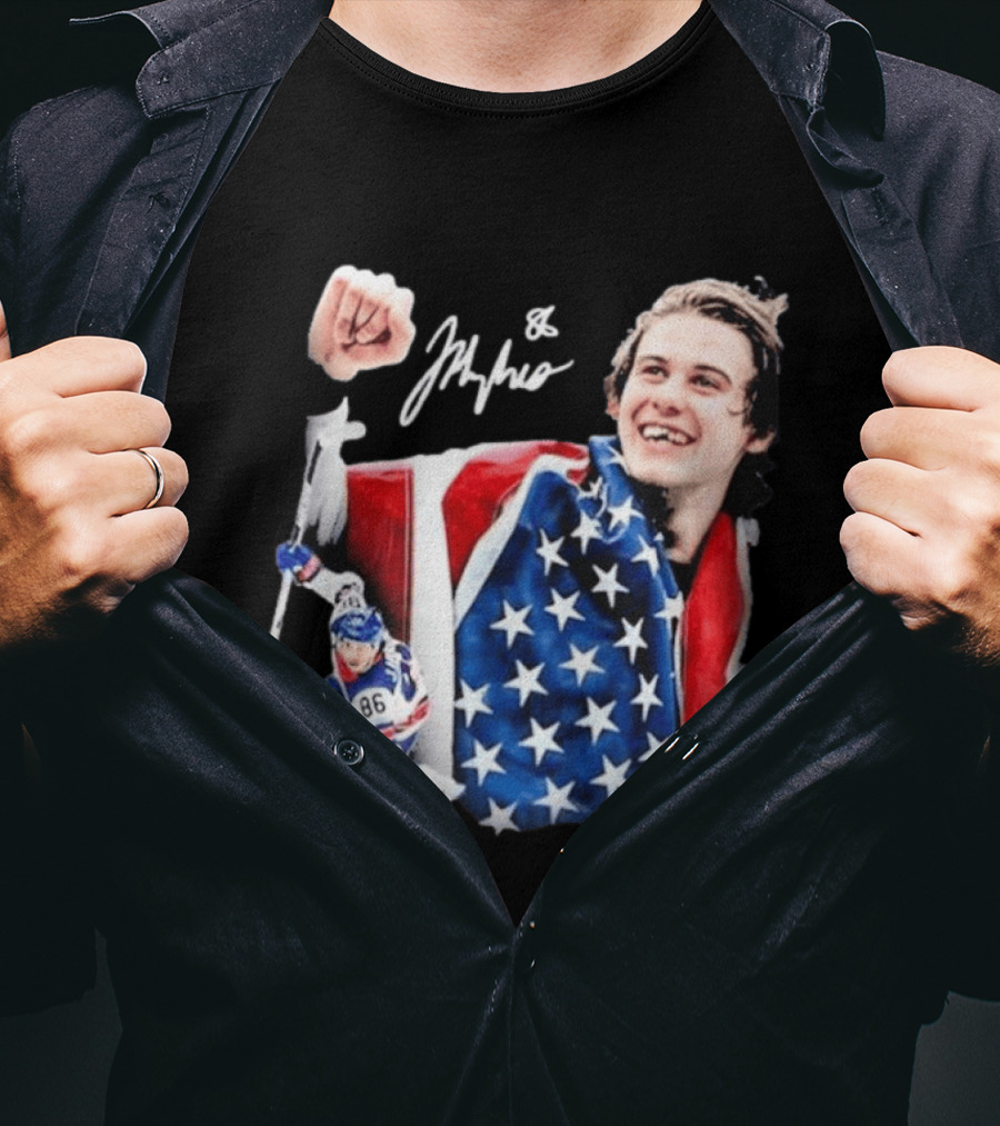 Jack Hughes USA Hockey Golden Goal Celebration T-Shirt