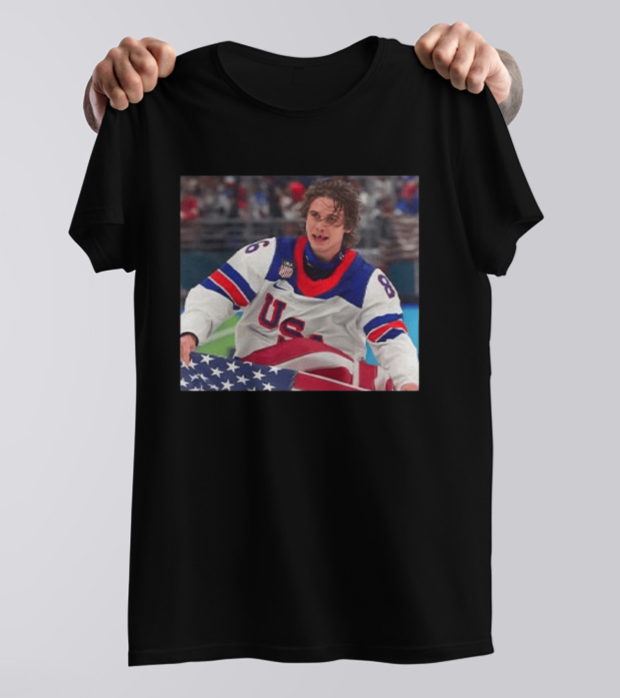 USA Hockey Jack Hughes Team 86 American Flag T-Shirt