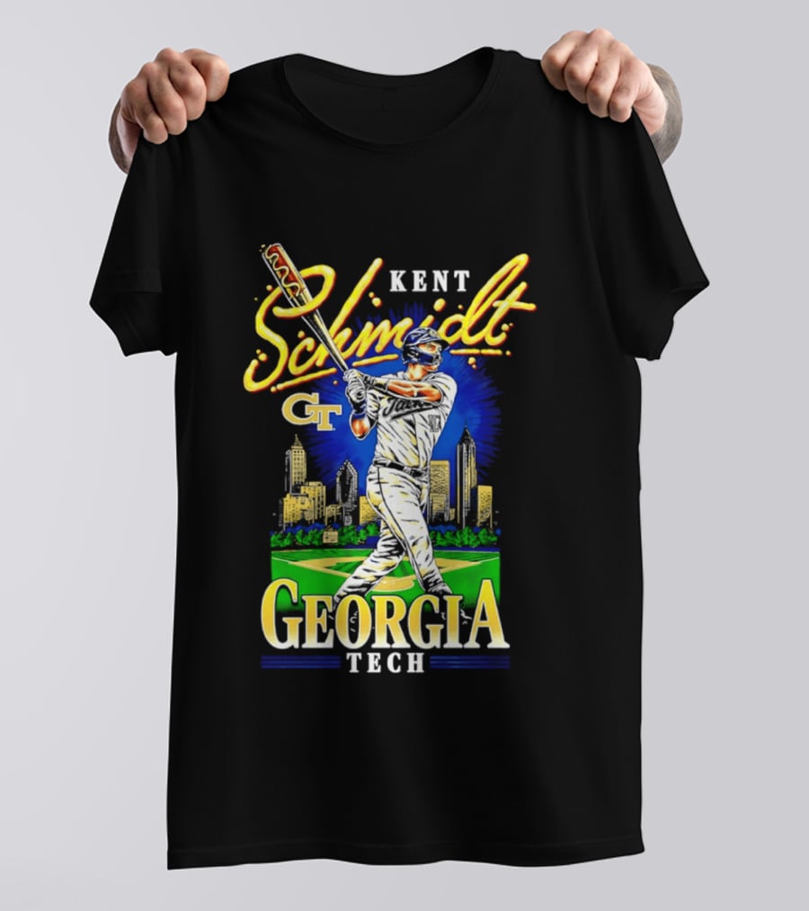Kent Schmidt Georgia Tech Baseball Hot Dog Bat Skyline T-Shirt