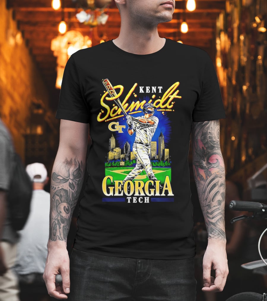 Kent Schmidt Georgia Tech Baseball Hot Dog Bat Skyline T-Shirt