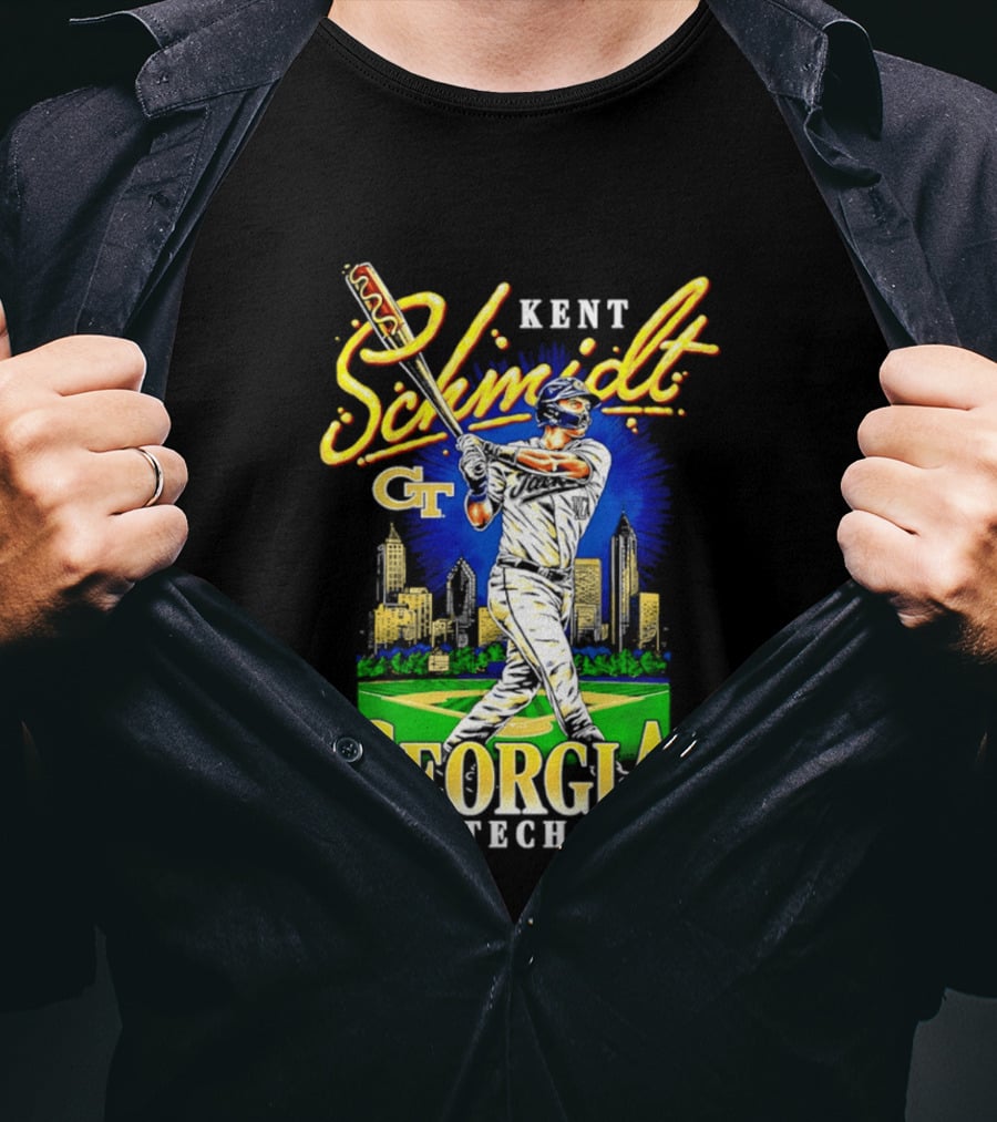 Kent Schmidt Georgia Tech Baseball Hot Dog Bat Skyline T-Shirt
