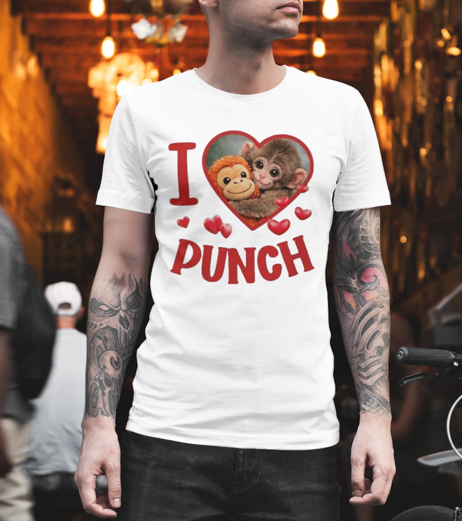 I Love Punch Heart Cute Monkey Hugging Furry Friend T-Shirt