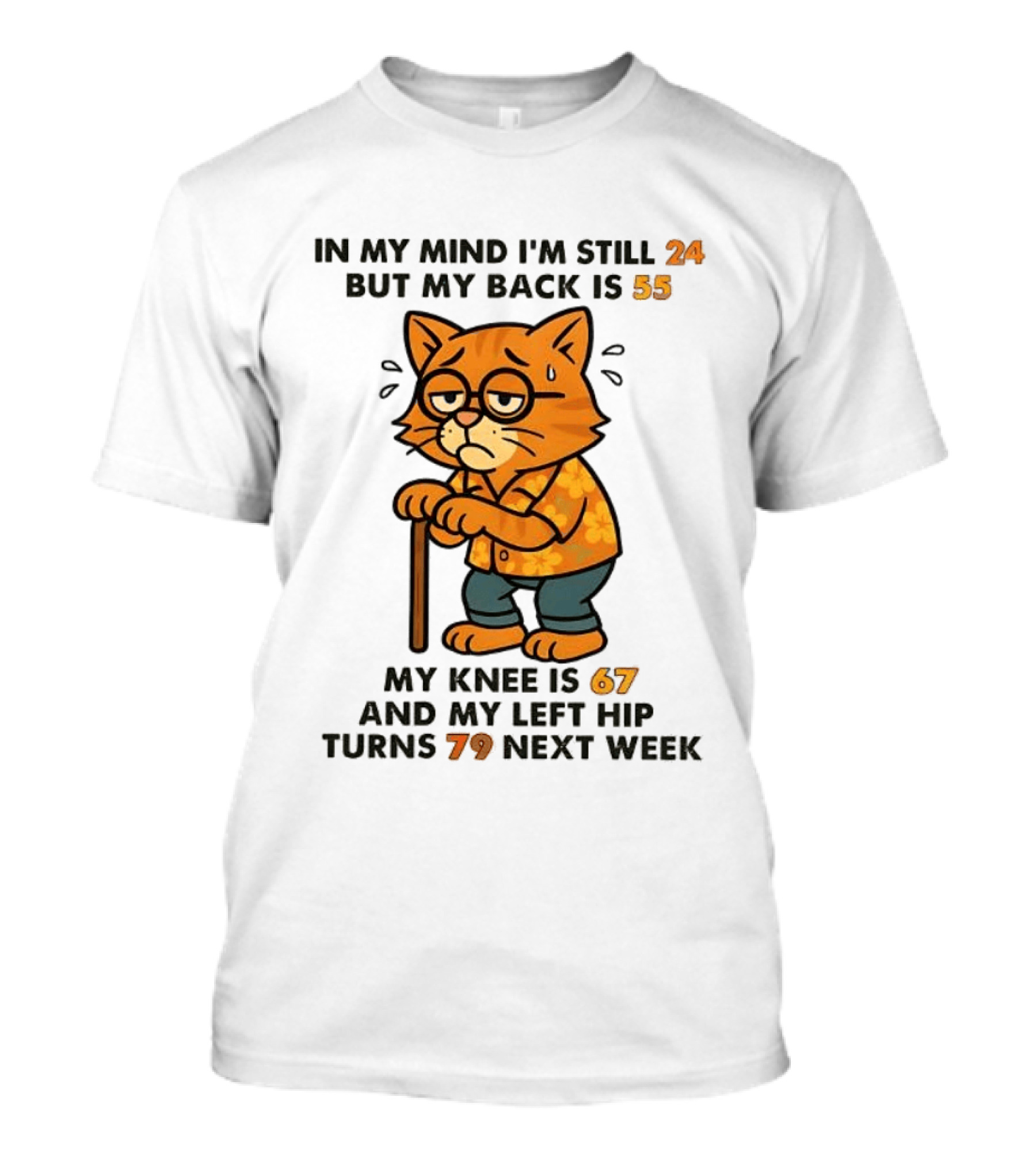In My Mind I'm Still 24 Cat My Back Is 55 Knee Is 67 Hip Turns 79 Next Week T-Shirt
