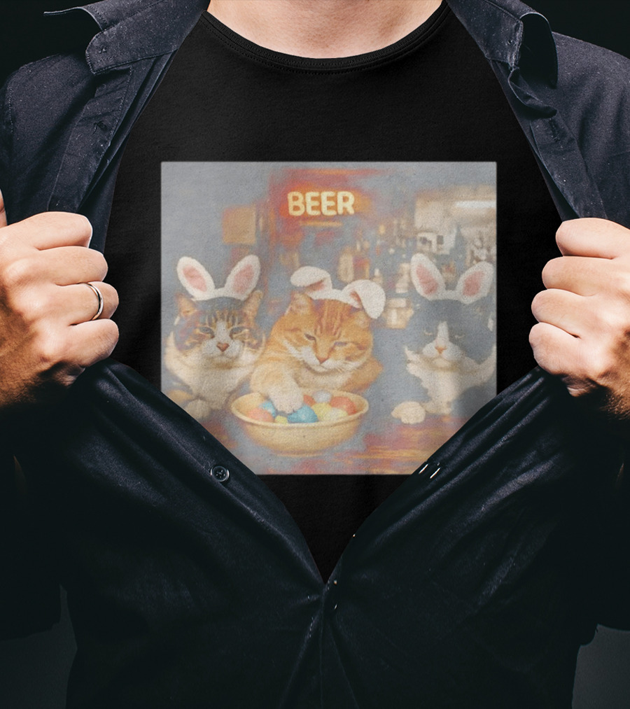 Beer Cat Trio Bunny Ears With Easter Eggs T-Shirt