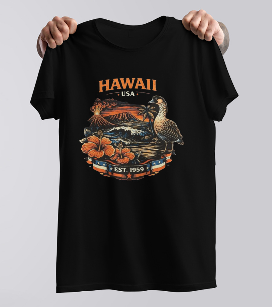 Hawaii USA Est 1959 Volcano Nene Bird Hibiscus T-Shirt