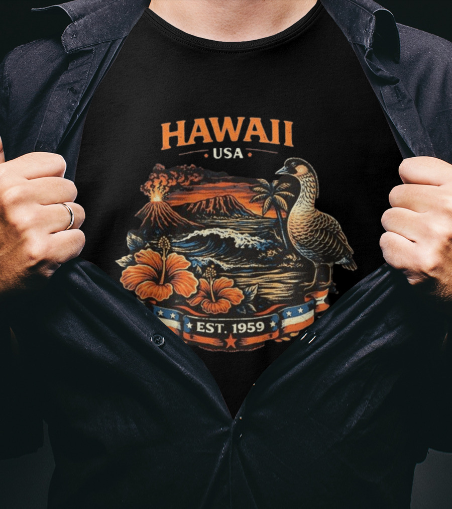 Hawaii USA Est 1959 Volcano Nene Bird Hibiscus T-Shirt