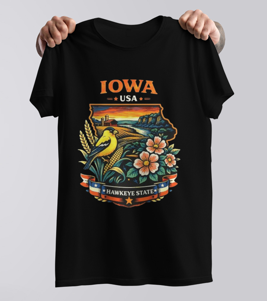 Iowa USA Hawkeye State Scenic Landscape With Bird And Flowers T-Shirt
