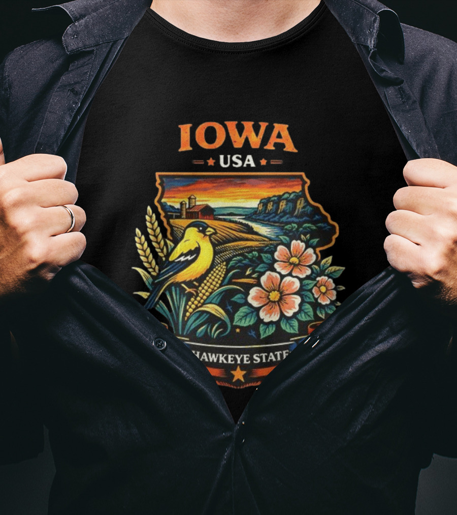Iowa USA Hawkeye State Scenic Landscape With Bird And Flowers T-Shirt