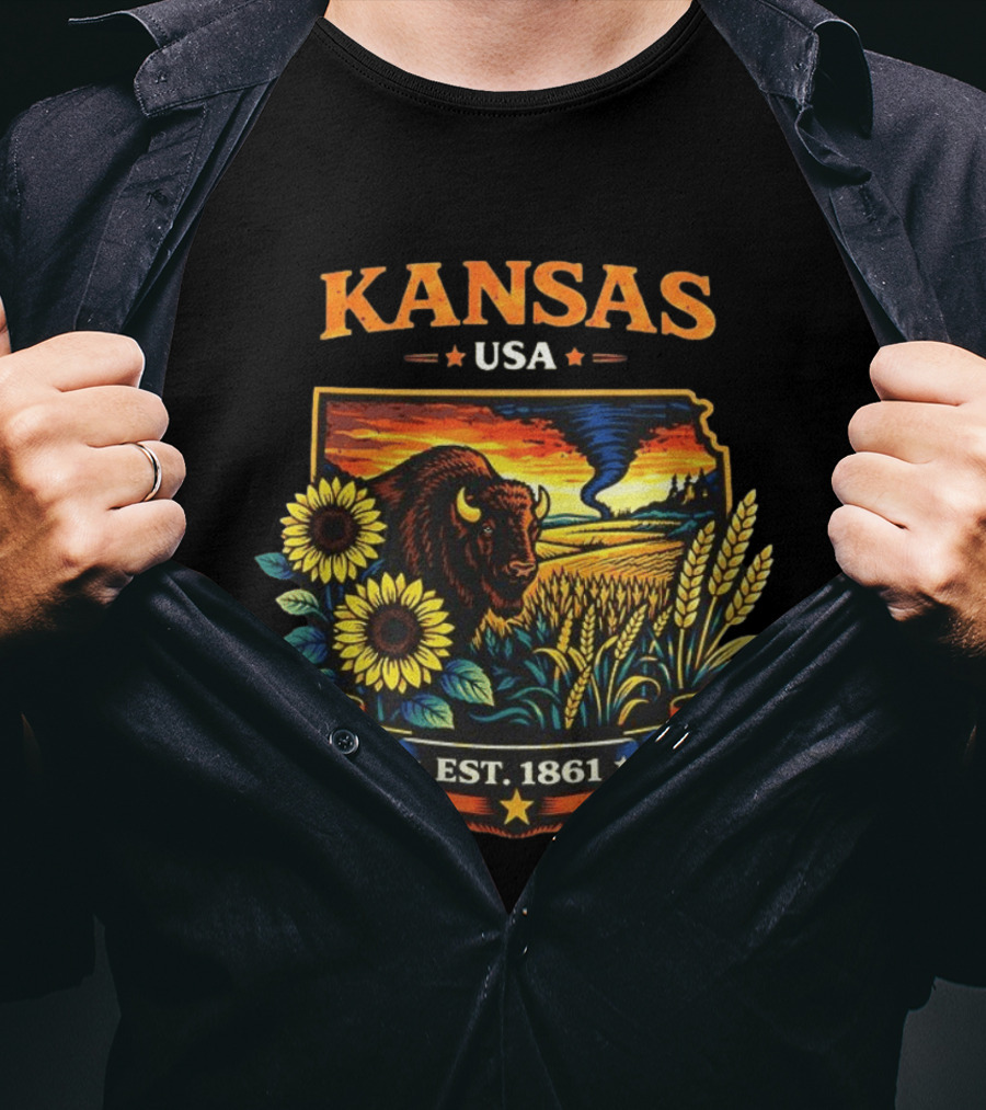 Kansas USA Buffalo Sunflowers Wheat Tornado Est 1861 T-Shirt