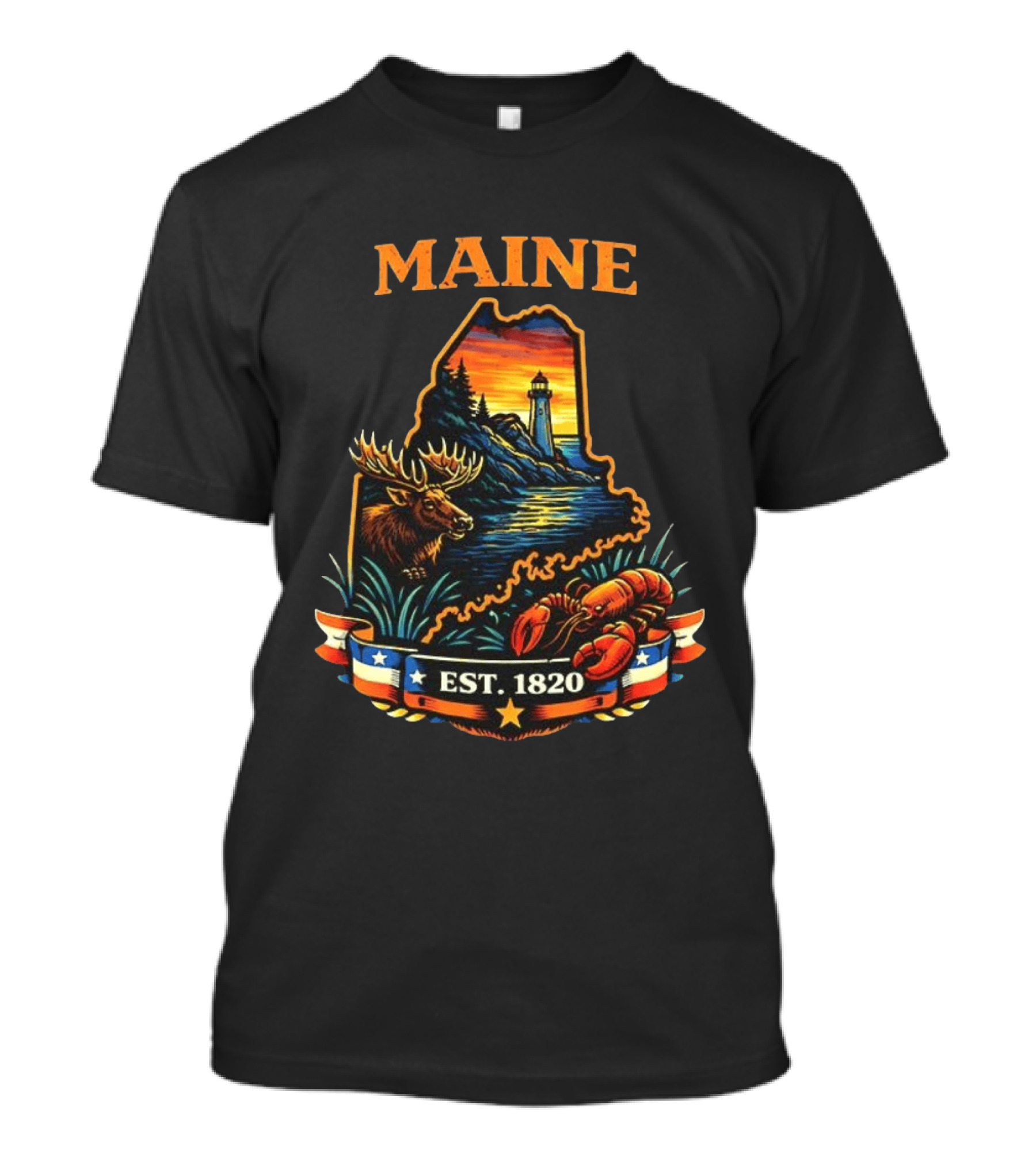 Maine Sunset Est 1820 Lighthouse Moose Lobster USA Landscape T-Shirt