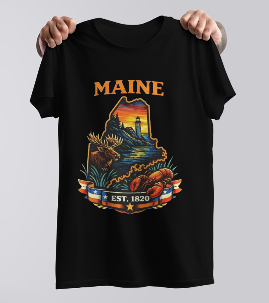 Maine Sunset Est 1820 Lighthouse Moose Lobster USA Landscape T-Shirt