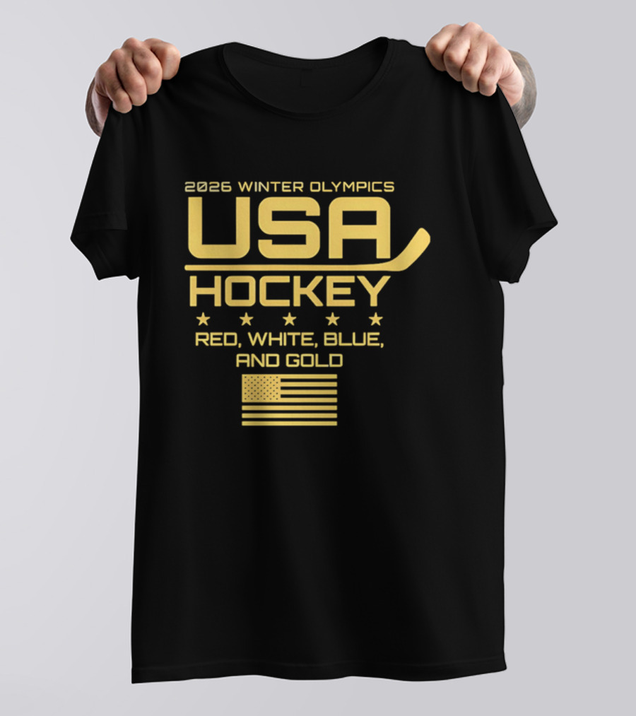 USA Hockey 2026 Winter Olympics Red White Blue Gold Flag T-Shirt