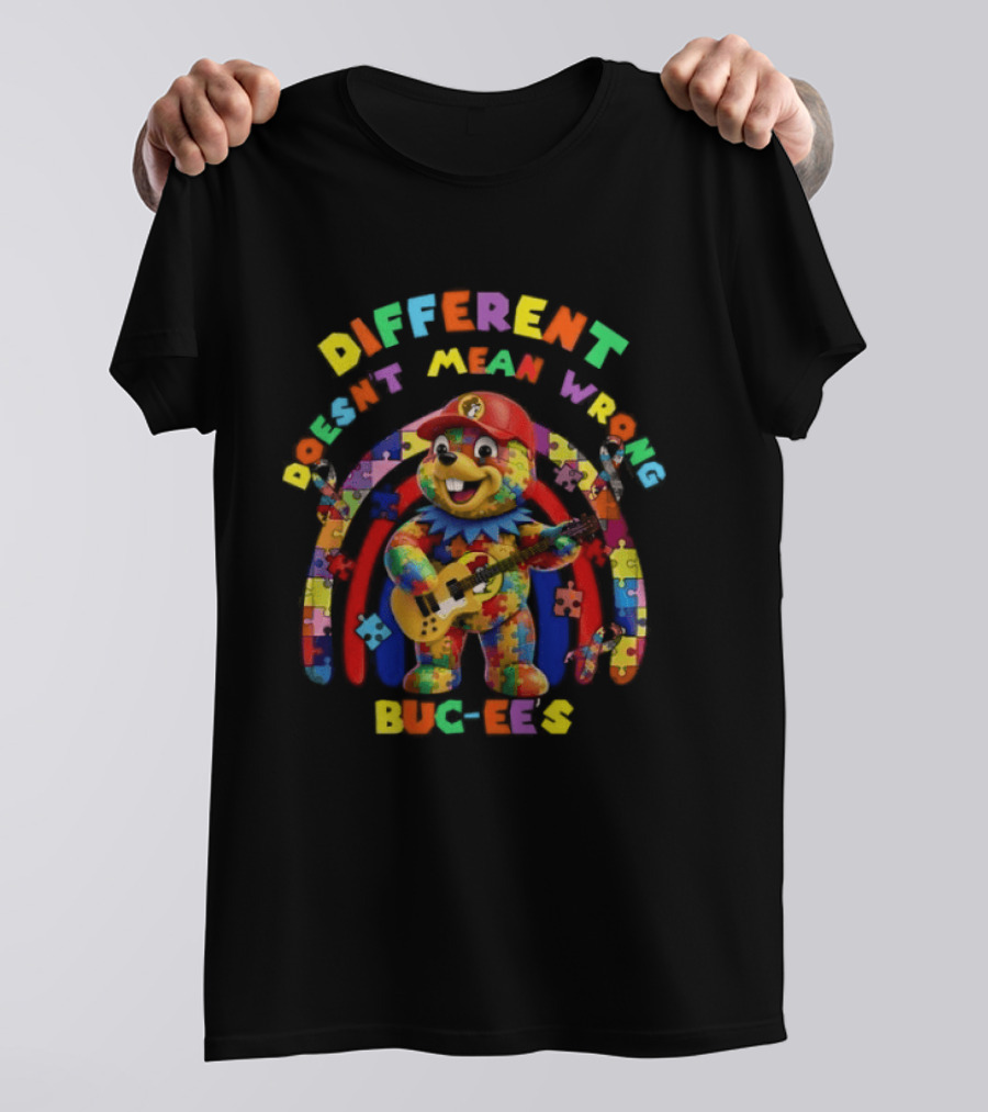 Different Doesn't Mean Wrong Buc Ee's Autism Awareness Puzzle Pieces T-Shirt
