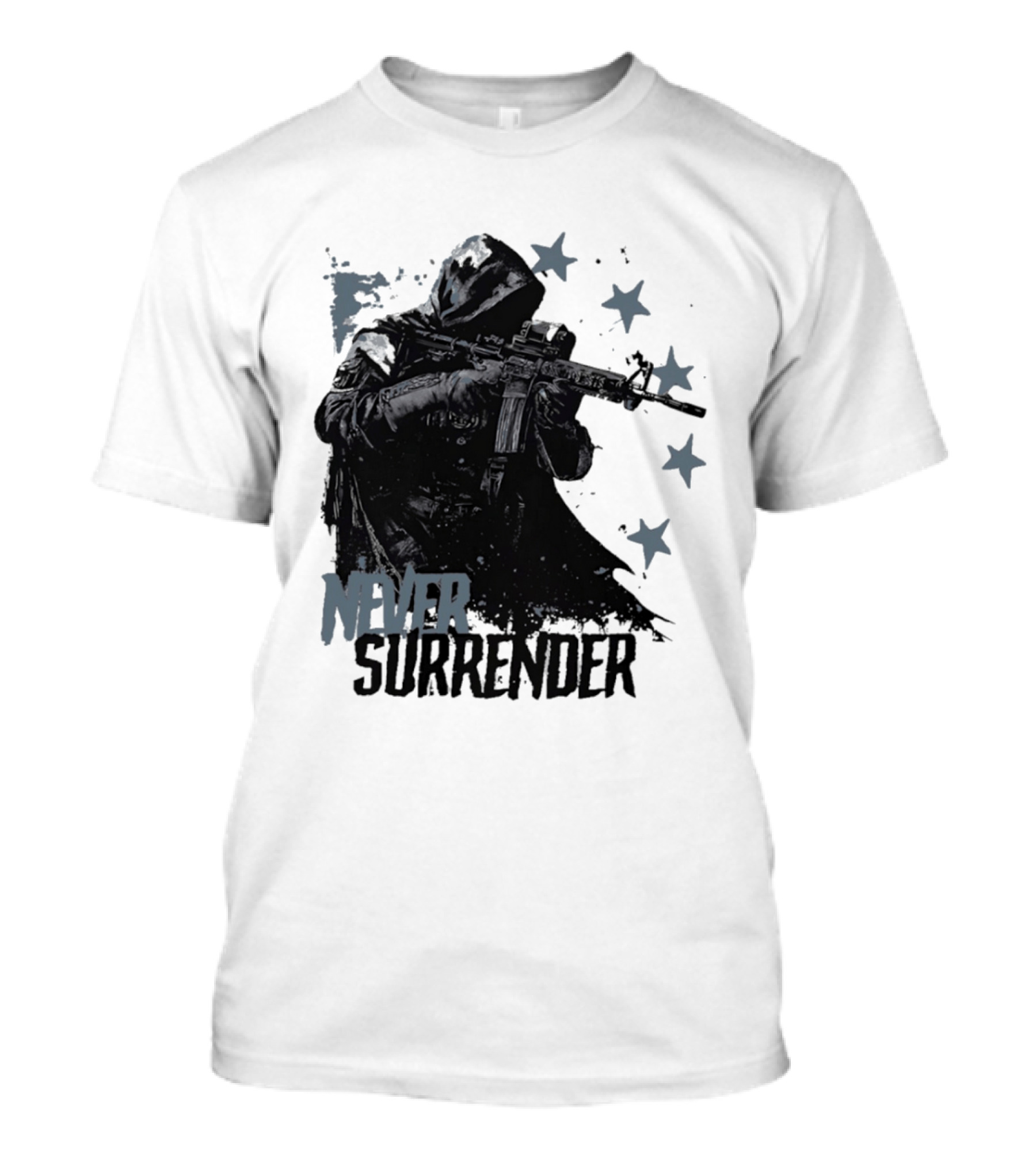 Never Surrender Reaper With Hooded Figure And Rifle T-Shirt