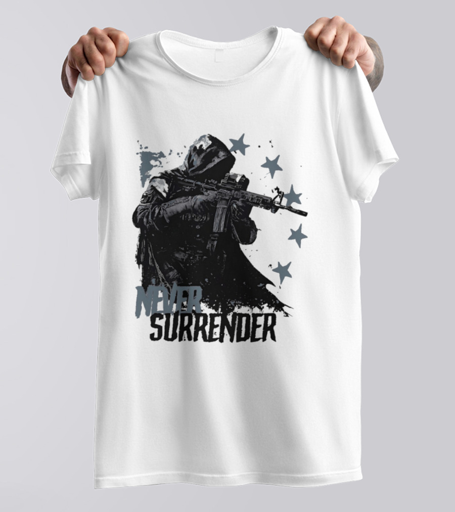 Never Surrender Reaper With Hooded Figure And Rifle T-Shirt