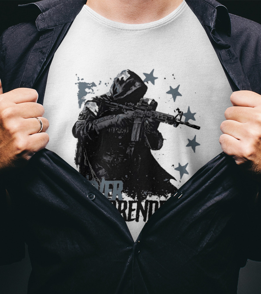 Never Surrender Reaper With Hooded Figure And Rifle T-Shirt