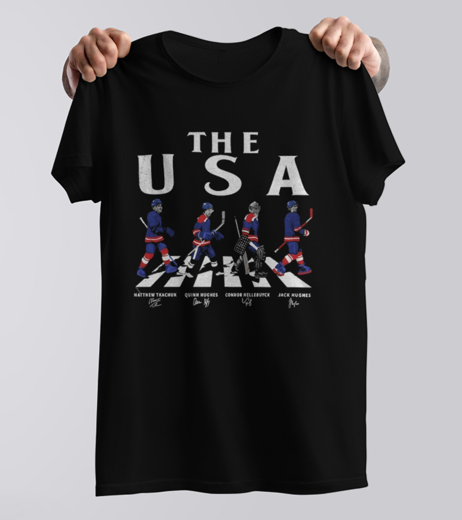 THE USA Hockey Matthew Tkachuk Quinn Hughes Connor Hellebuyck Jack Hughes Abbey Road 2026 T-Shirt