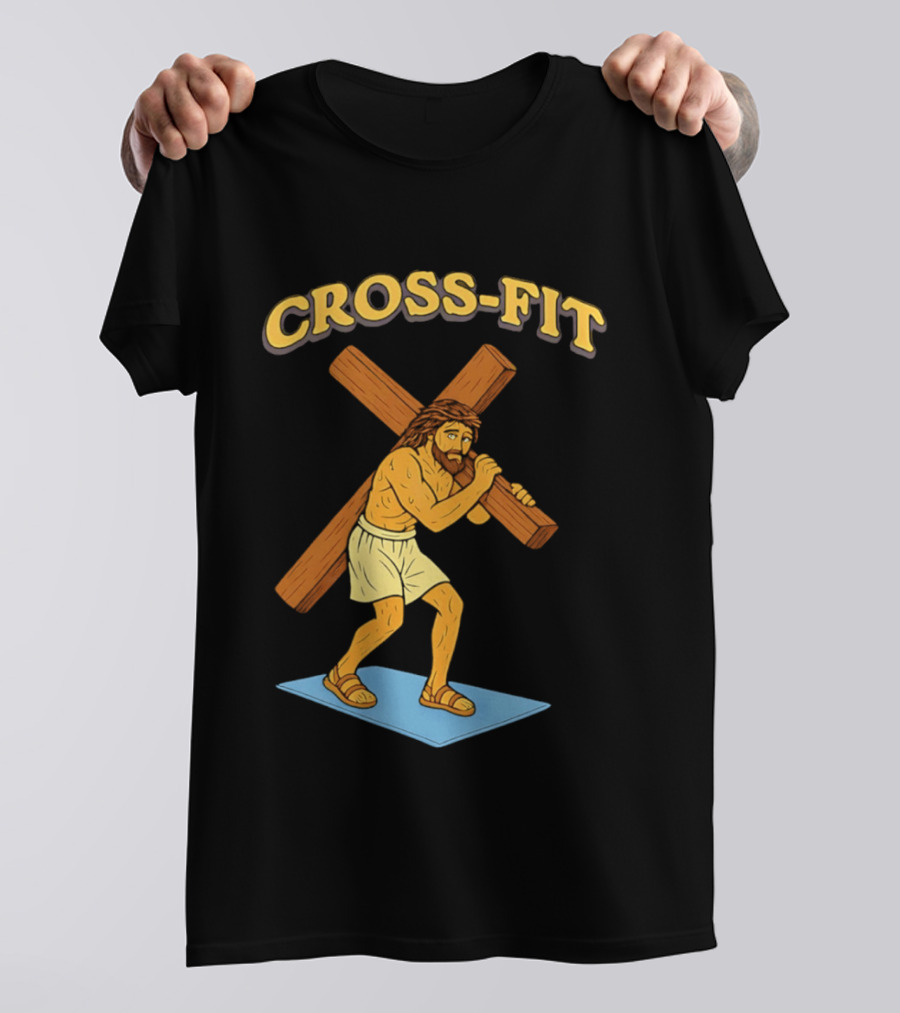 Cross Fit Jesus Cartoon Carrying Cross T-Shirt
