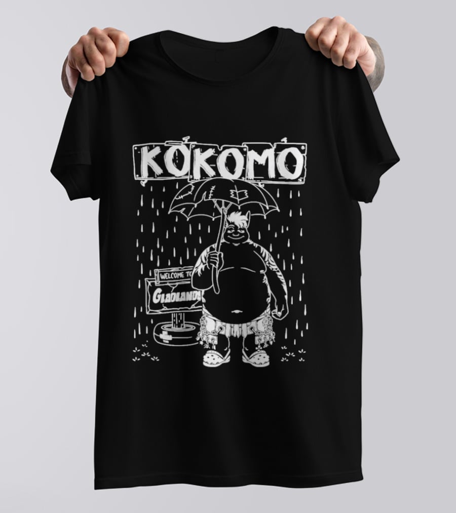 KoKomo Welcome To Gladlands Umbrella Character In Rain Scene T-Shirt
