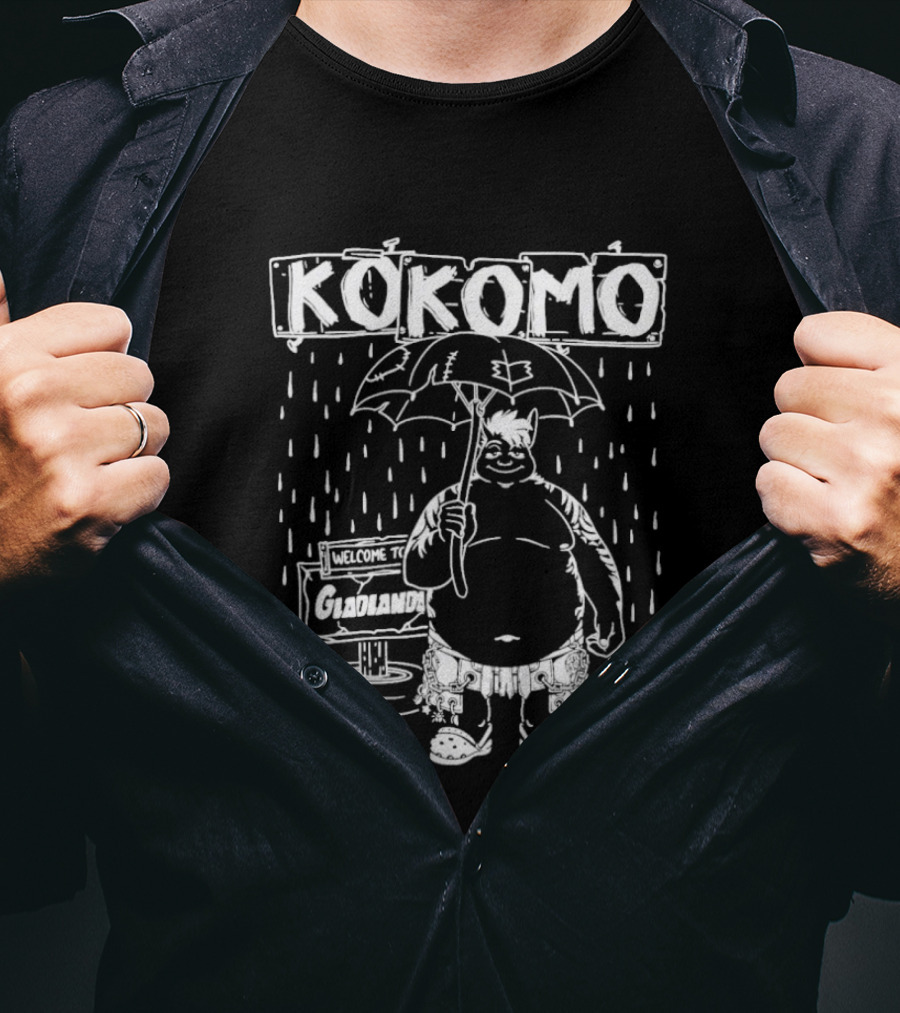 KoKomo Welcome To Gladlands Umbrella Character In Rain Scene T-Shirt