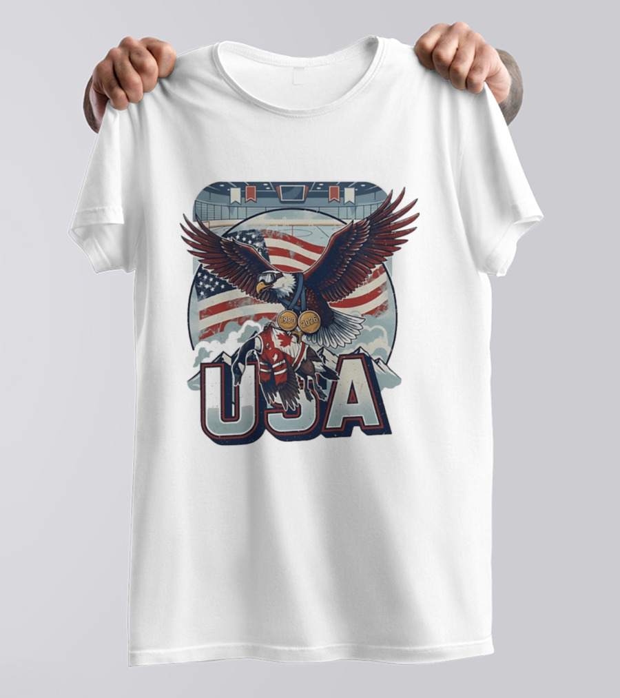 USA Hockey Eagle 1980 2026 American Flag Ice Rink T-Shirt