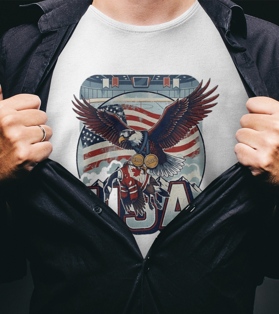 USA Hockey Eagle 1980 2026 American Flag Ice Rink T-Shirt
