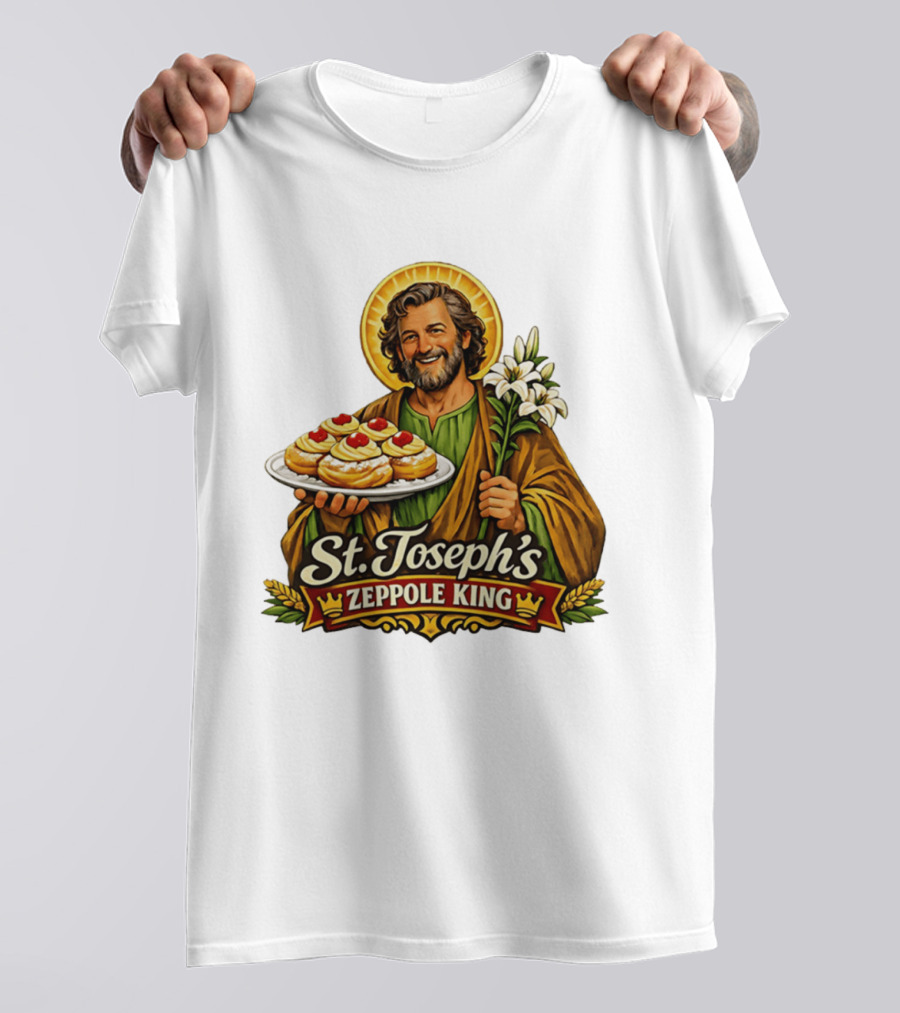 St Joseph's Zeppole King Saint Holding Tray With Flowers T-Shirt